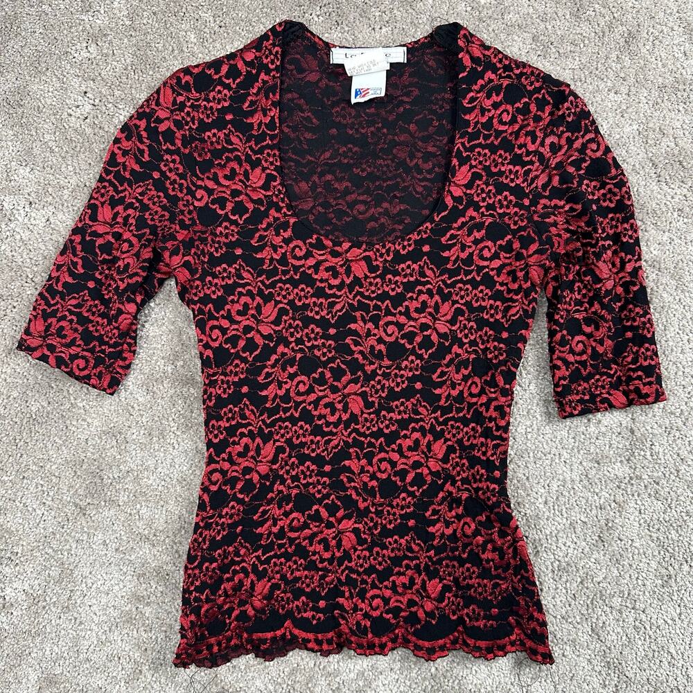 La Belle Lace Print Top Size S Red Black Floral V Neck Fitted Coquette 90s Glam